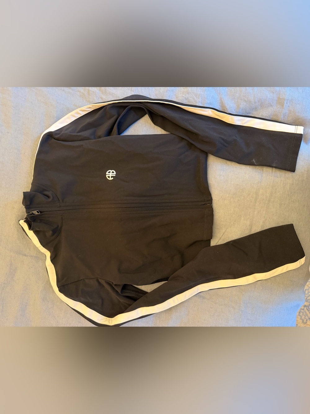 Anine Bing Women’s Black Zip-Up Cropped Workout Jacket with Cream Side Stripes